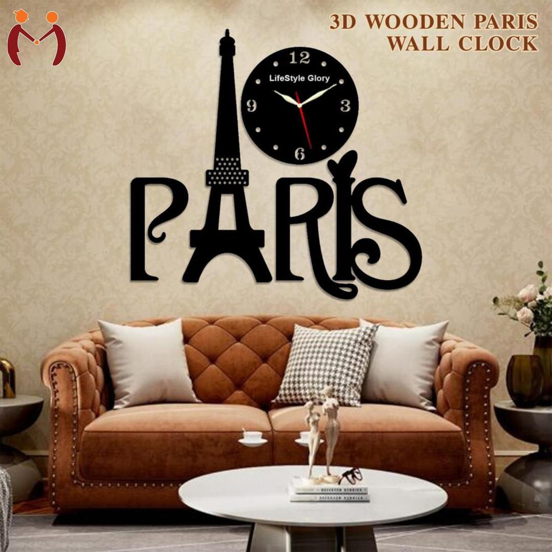 3D Wooden Paris Wall Clock Black MZ1261200168MRTS