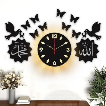 Islamic Backlight Wall Clock with Butterflies Black MDF MZ1261200255MRTS