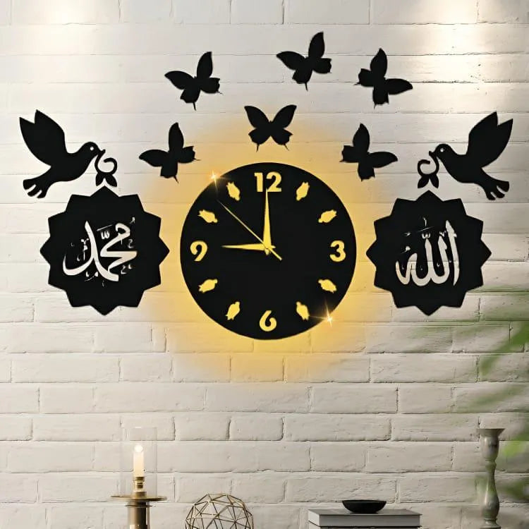 Islamic Backlight Wall Clock with Butterflies Black MDF MZ1261200255MRTS